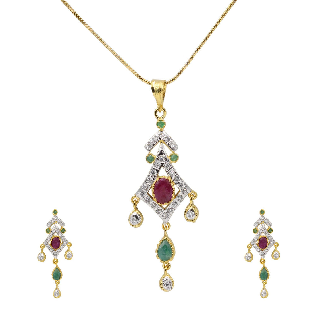 Ruby Emerald CZ Necklace Set | Gold Plated Pendant Jewelry | Gemstone Necklace with Earrings — 2