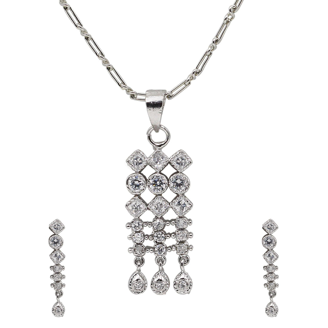 Silver CZ Necklace Set | Geometric Crystal Jewelry | Minimal Pendant Necklace and Earrings — 2