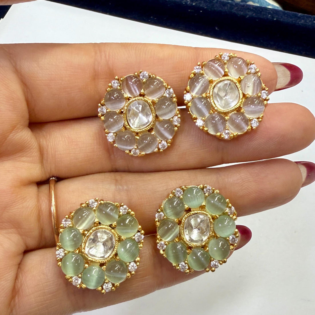 Kundan Polki Floral Stud Earrings | Gold Plated Round Stone Studs| Statement Indian Jewelry | Festive Wedding Earrings | Gift For Her — 7