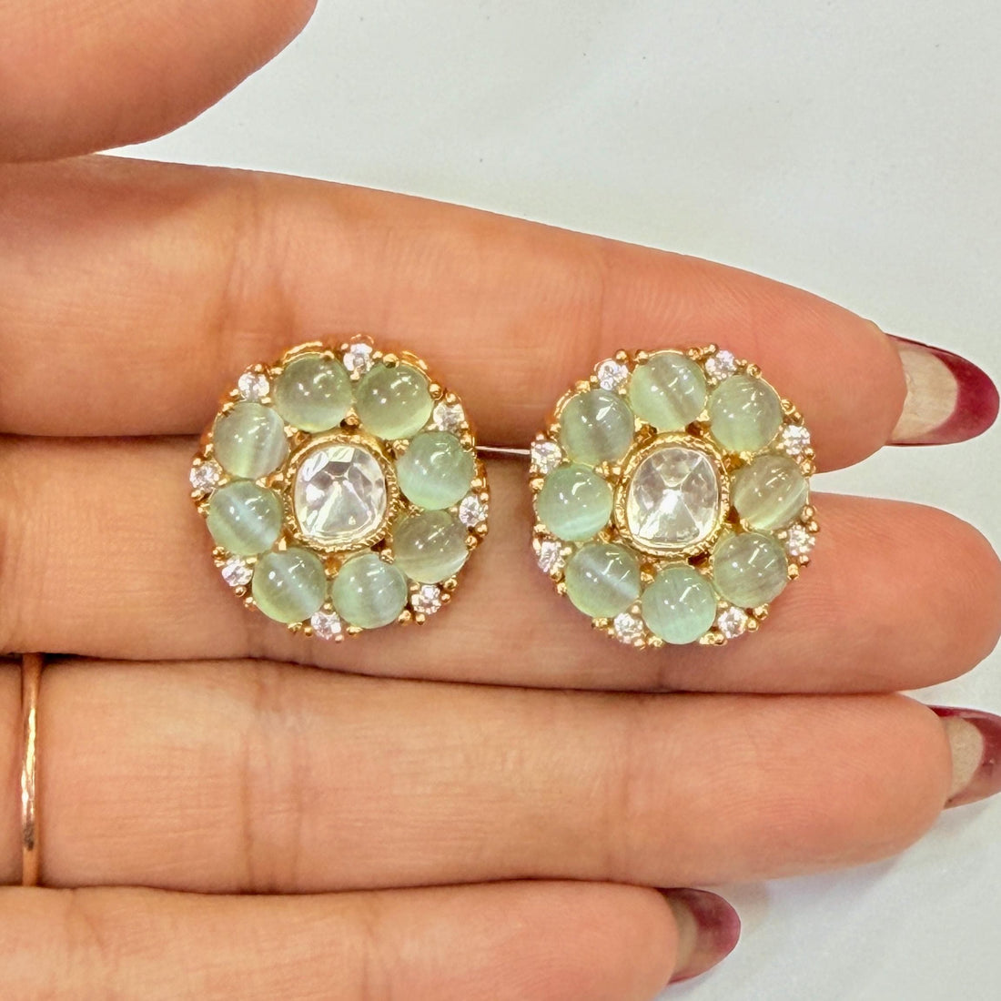 Kundan Polki Floral Stud Earrings | Gold Plated Round Stone Studs| Statement Indian Jewelry | Festive Wedding Earrings | Gift For Her — 8