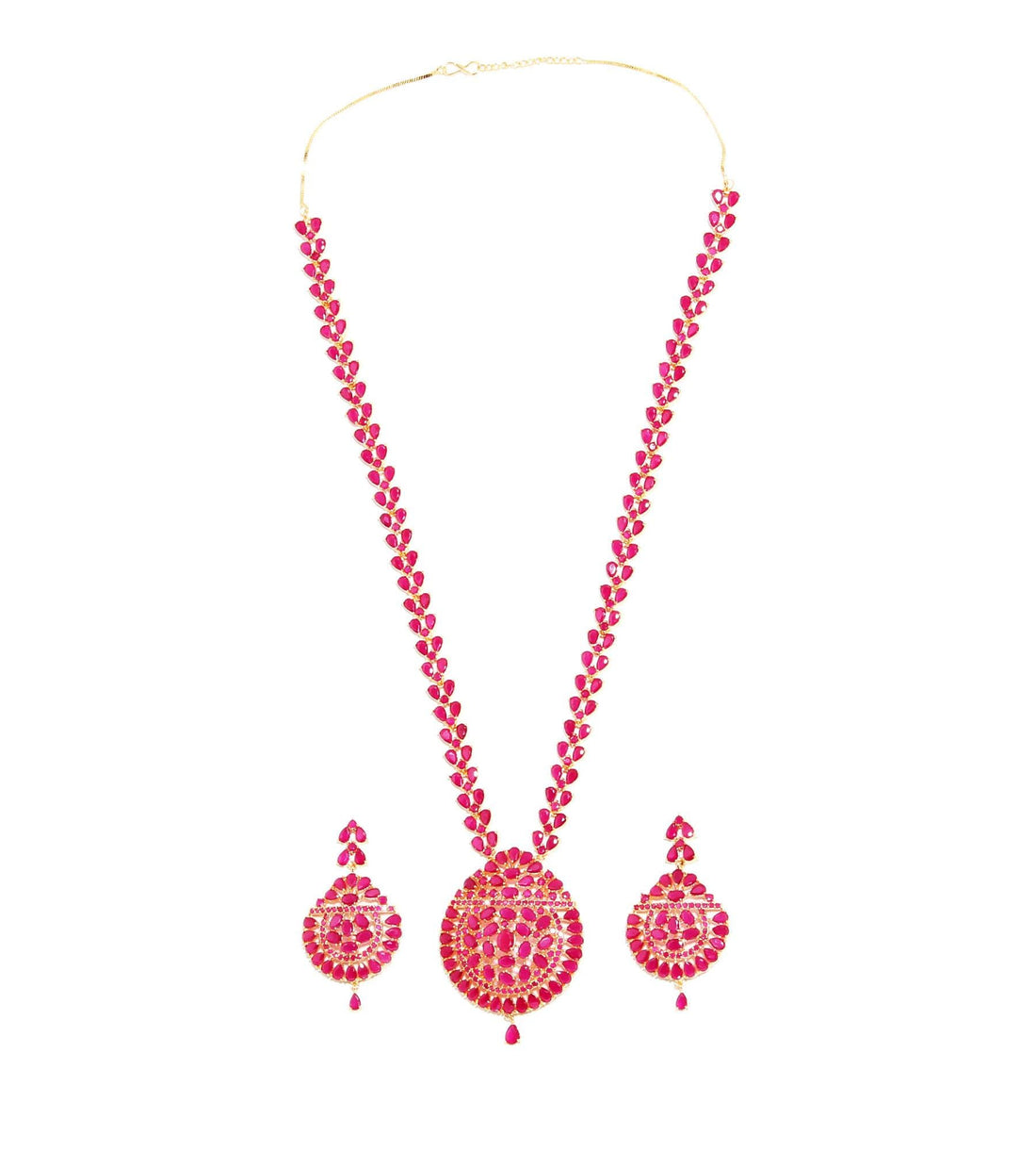 22k Gold Plated Ruby Long Haram Necklace Set | South Indian Bridal Jewelry | Ethnic Wedding Statement Necklace Earrings | Gift For Her — 5