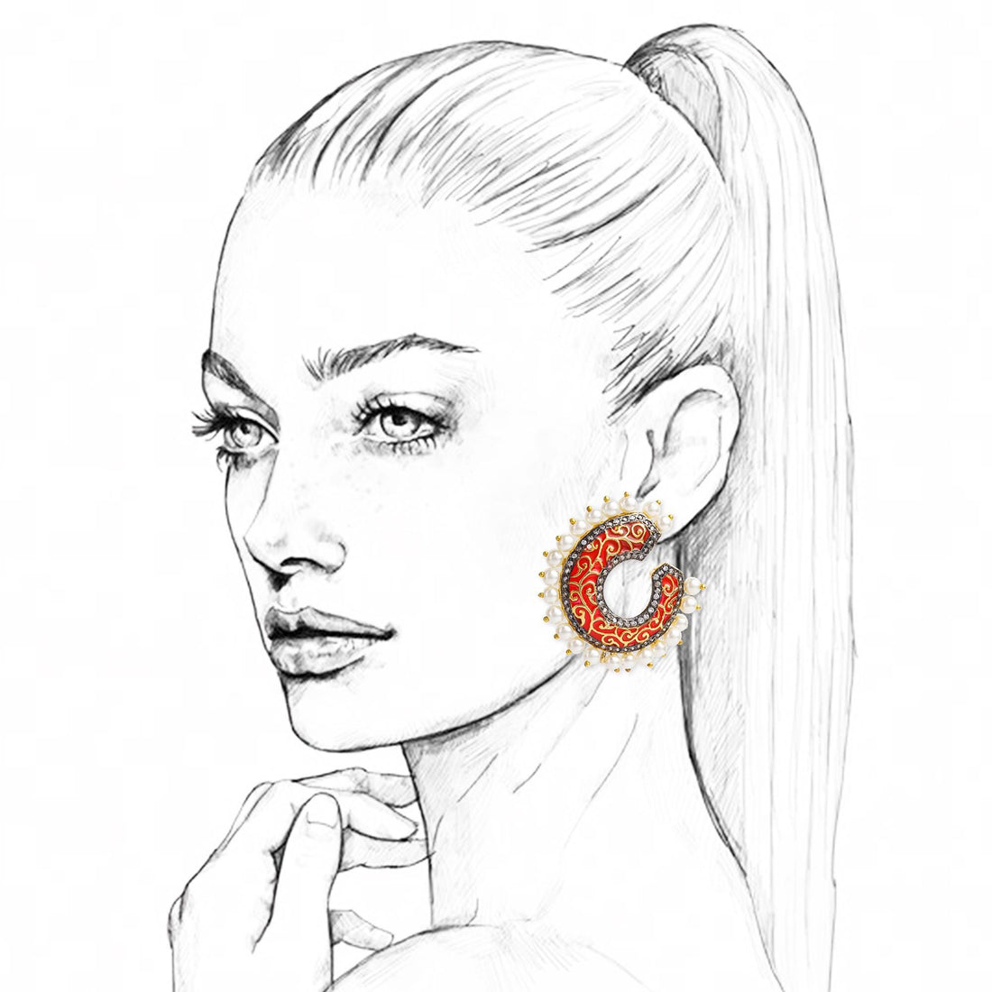 Red Enamel Kundan Earrings | 22K Gold Plated Pearl Hoops | Handcrafted Jaipur Jewelry | Elegant Indian Statement Earrings for Women — 2