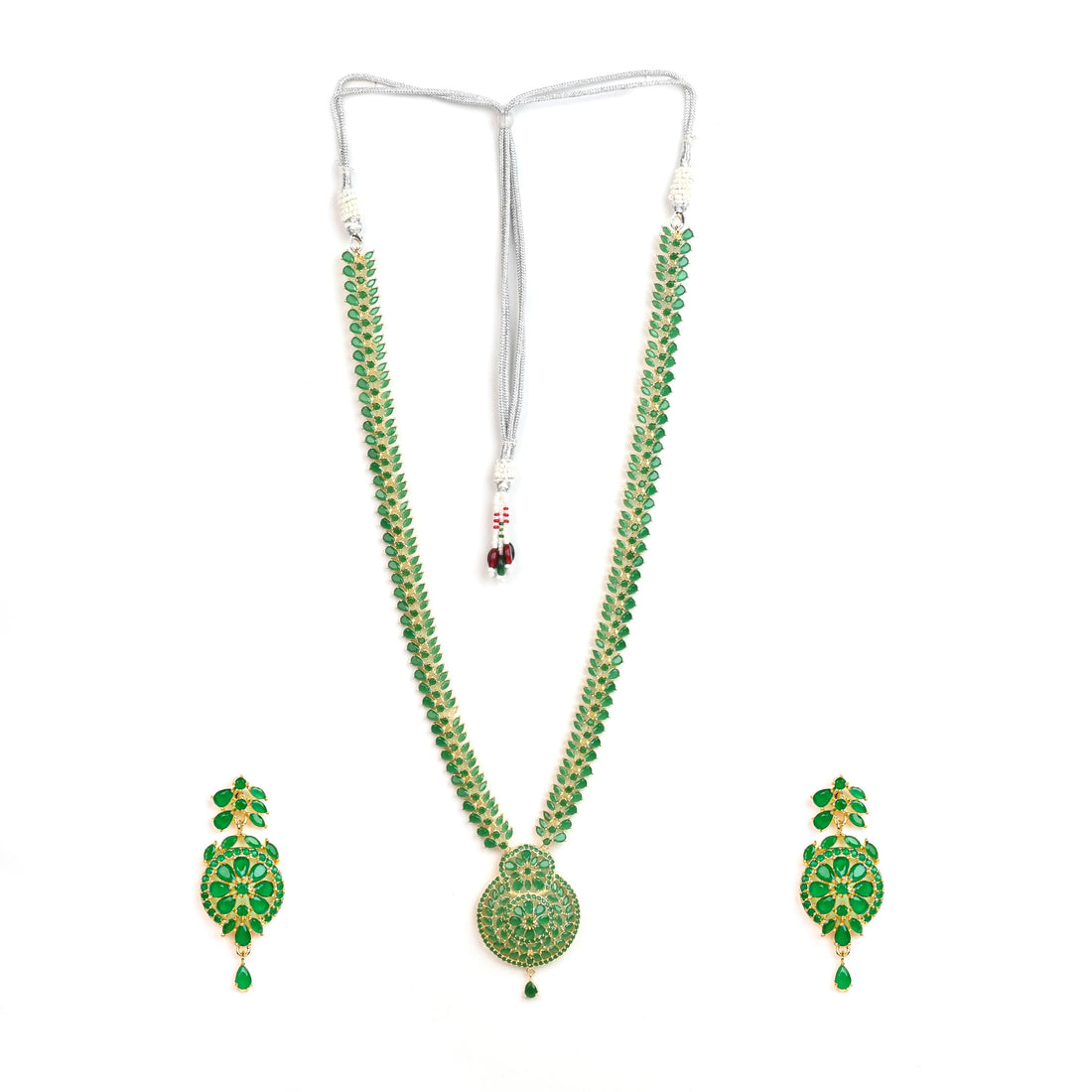 Emerald Green Long Necklace Set | 22K Gold Plated Indian Jewelry | Handmade Bridal Haar | Statement Wedding Set — 3