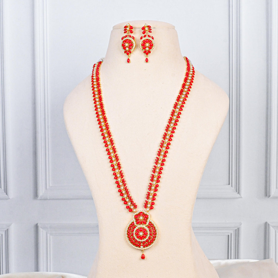 Long Coral & Pearl Necklace Set | 22K Gold Plated Indian Jewelry | Handmade Bridal Necklace | Red Coral Statement Jewelry | Pearl long Haar — 1