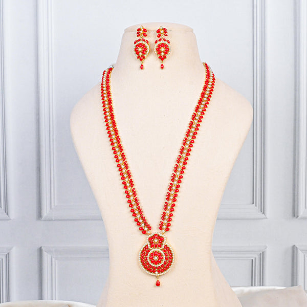 Long Coral & Pearl Necklace Set | 22K Gold Plated Indian Jewelry | Handmade Bridal Necklace | Red Coral Statement Jewelry | Pearl long Haar