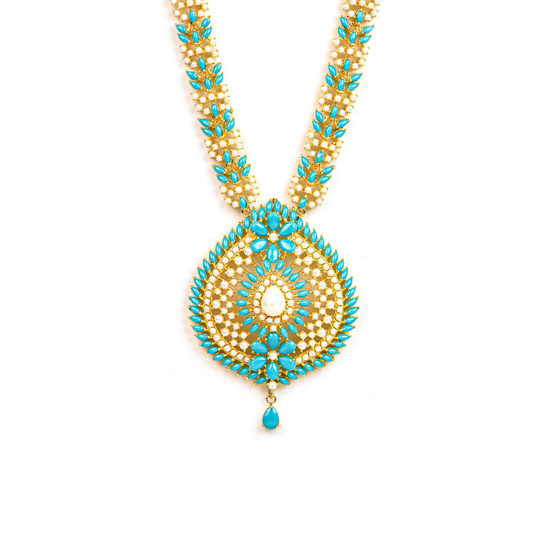 Turquoise & Pearl Long Handmade Jewelry Set | 22K Gold Plated Indian Necklace | Traditional South Indian Haram | Bridal Ethnic Jewelry — 3