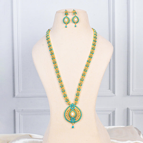 Turquoise & Pearl Long Handmade Jewelry Set | 22K Gold Plated Indian Necklace | Traditional South Indian Haram | Bridal Ethnic Jewelry