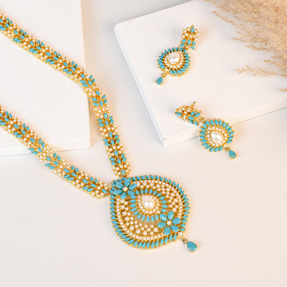 Turquoise & Pearl Long Handmade Jewelry Set | 22K Gold Plated Indian Necklace | Traditional South Indian Haram | Bridal Ethnic Jewelry — 2