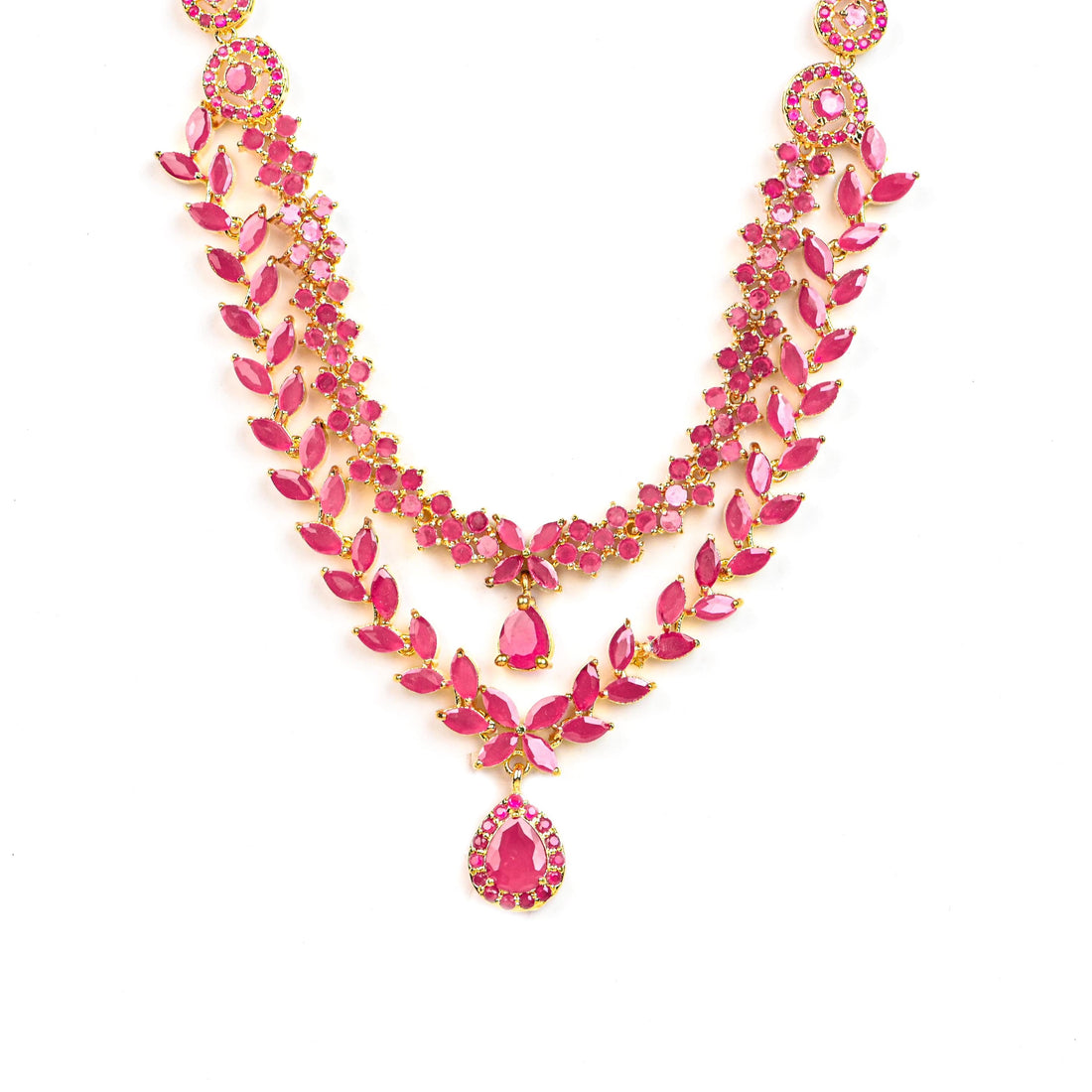 Ruby Layered Necklace Set, Designer Gold Plated Heavy Red Stone Jewelry, Premium Ruby Double Layer Necklace with earrings, Anniversary Gift — 3