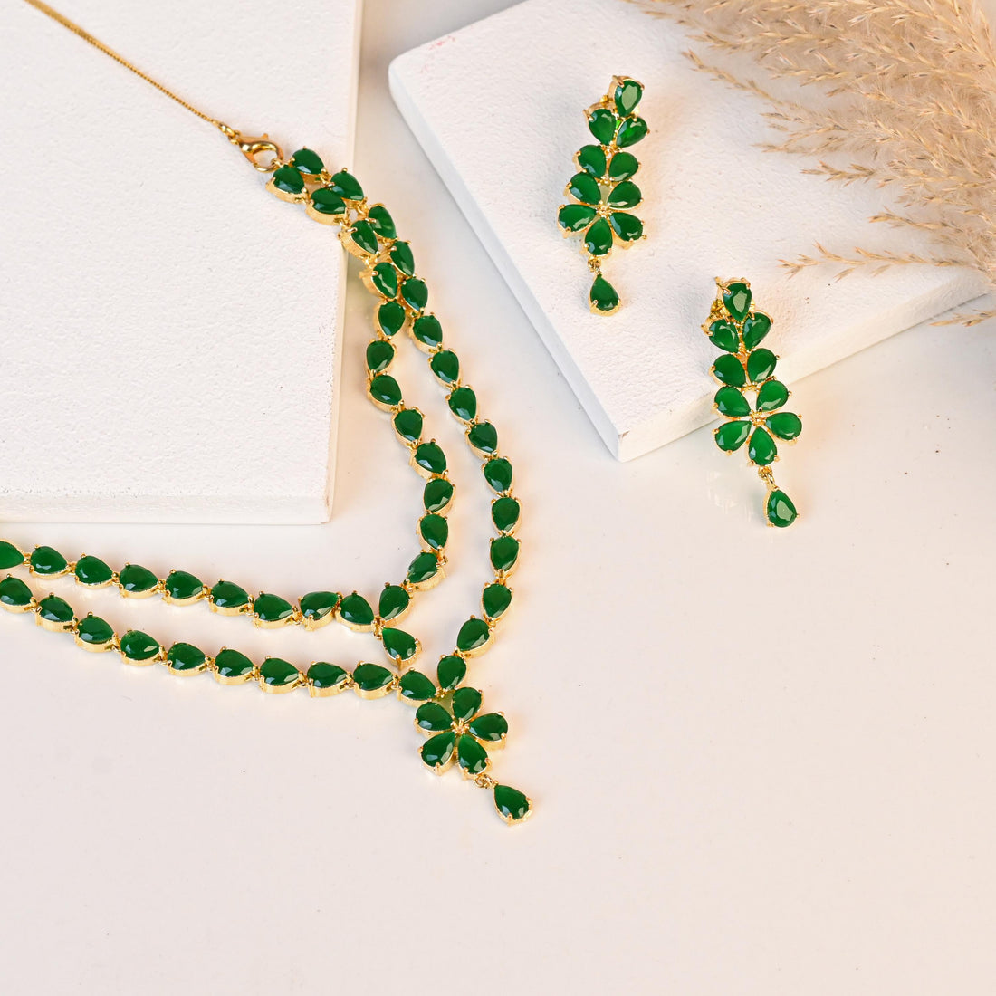 Emerald Necklace Set | Gold Plated Green Stone Jewelry | Handmade Layered Necklace & Earring | Wedding Necklace Set | Gift For Her| Boho Set — 2