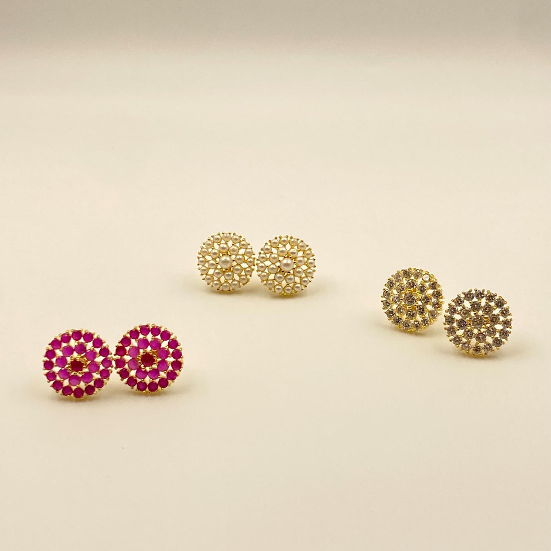 Round Stud Earrings Set | Pearl, Ruby & CZ Stone Earrings | Gold Plated Handmade Gemstone Jewelry — 2