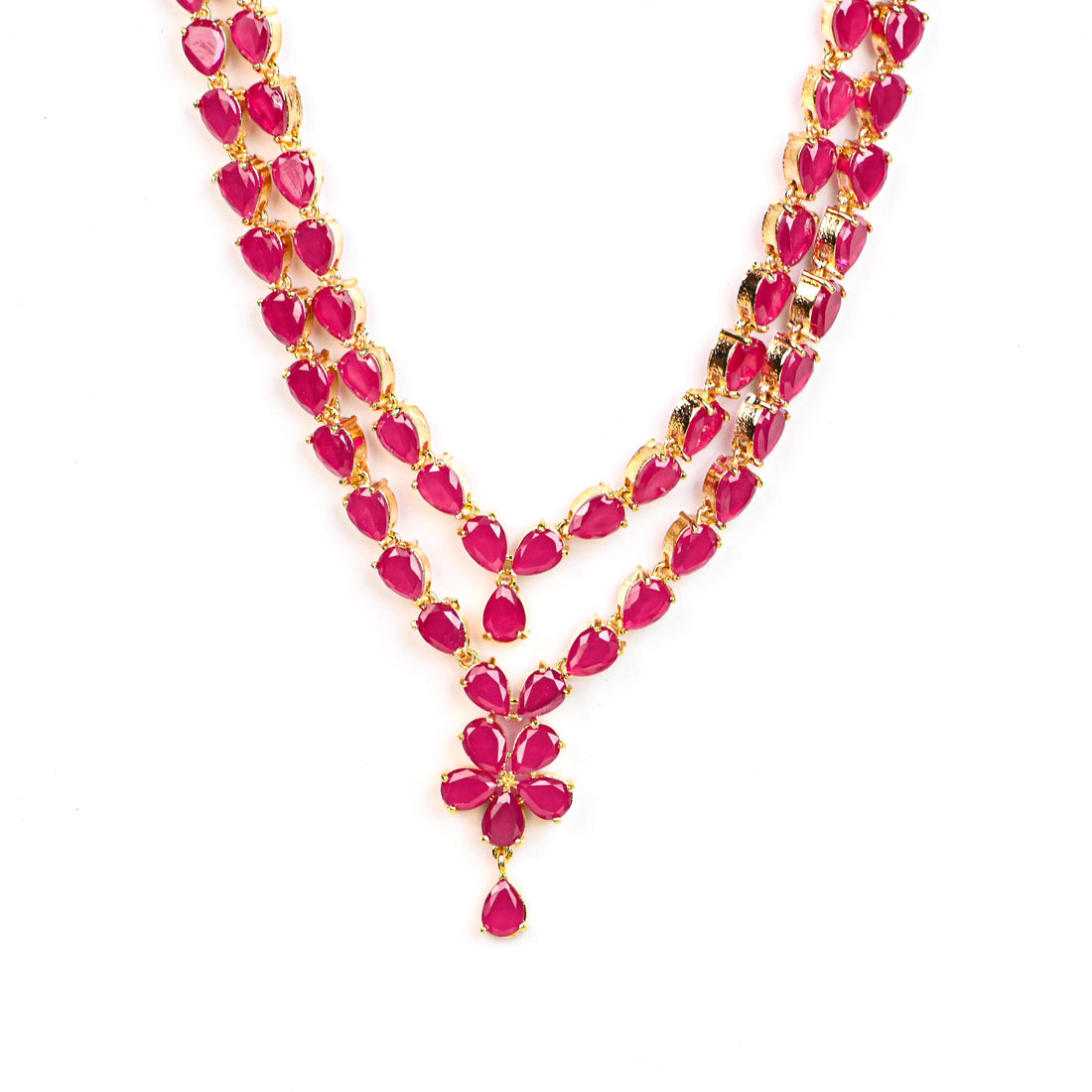 22K Yellow Gold Plated Ruby Red Designer Two Layered Necklace Set with Earrings | Wedding Jewelry | Gift For Her | Bridal Jewelry Set — 4