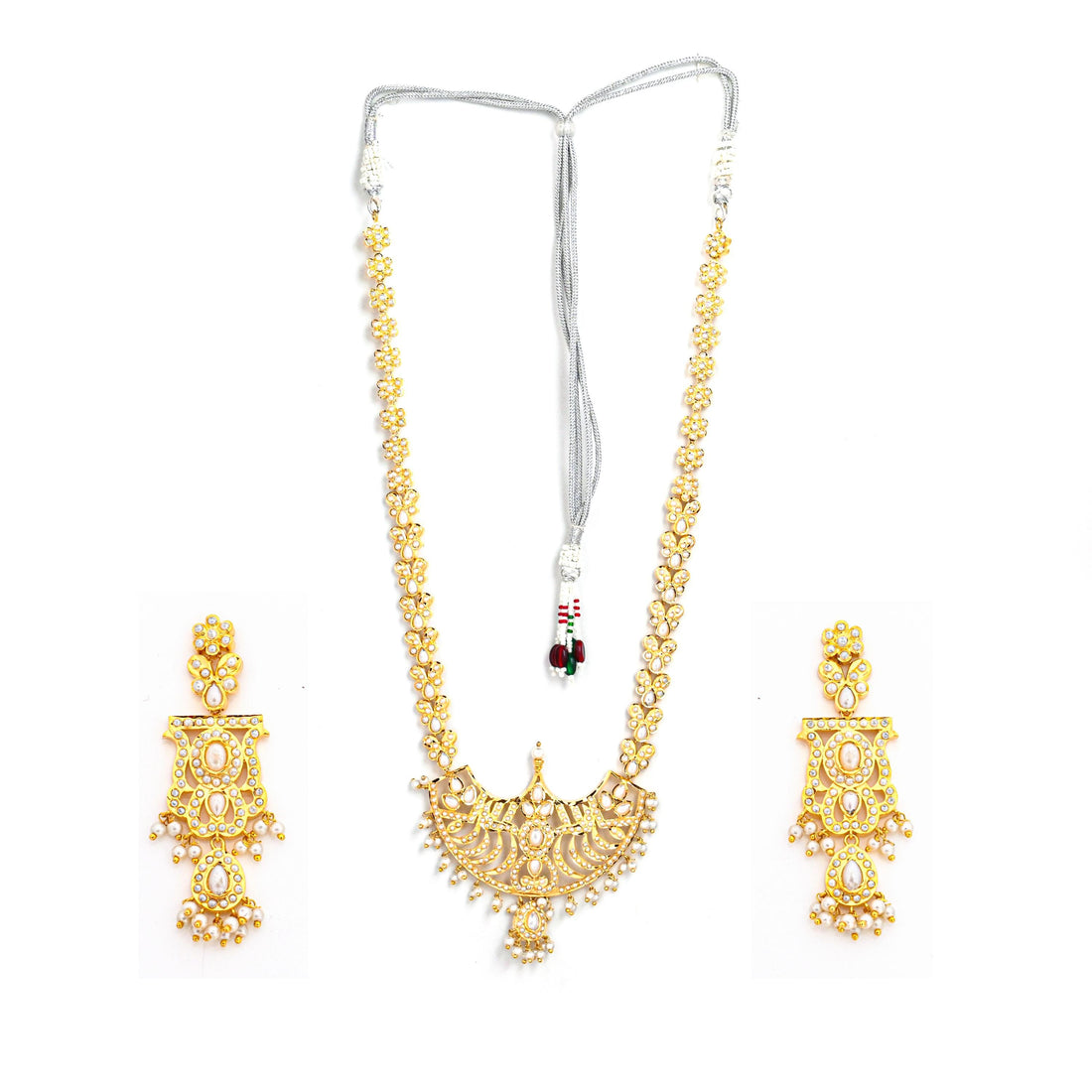 Pearl Long Necklace Haaram | Gold Plated Indian Jewelry | Handmade South Indian Style Bridal Necklace & Earrings | Wedding Gift for Her — 3