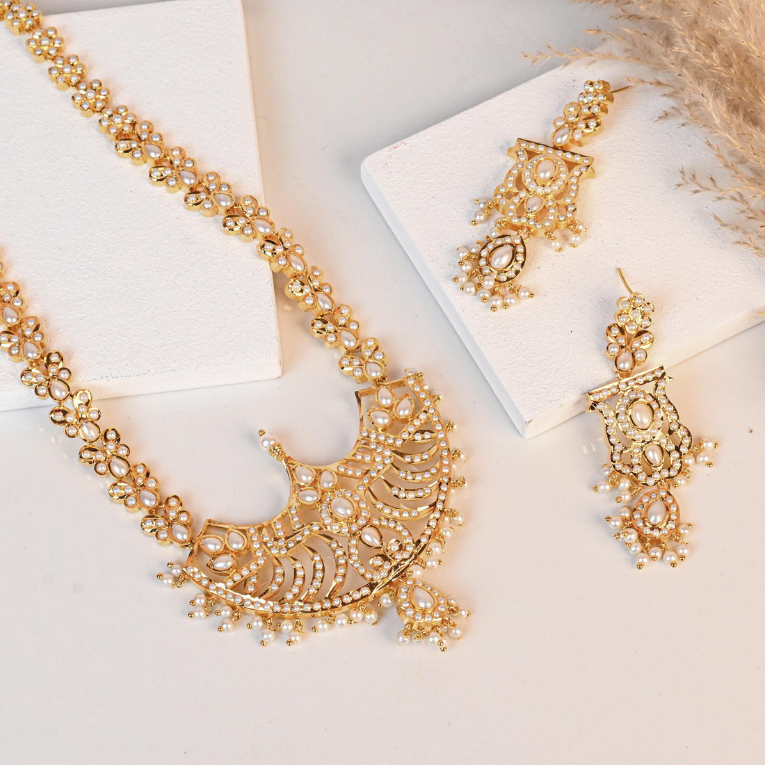 Pearl Long Necklace Haaram | Gold Plated Indian Jewelry | Handmade South Indian Style Bridal Necklace & Earrings | Wedding Gift for Her — 2
