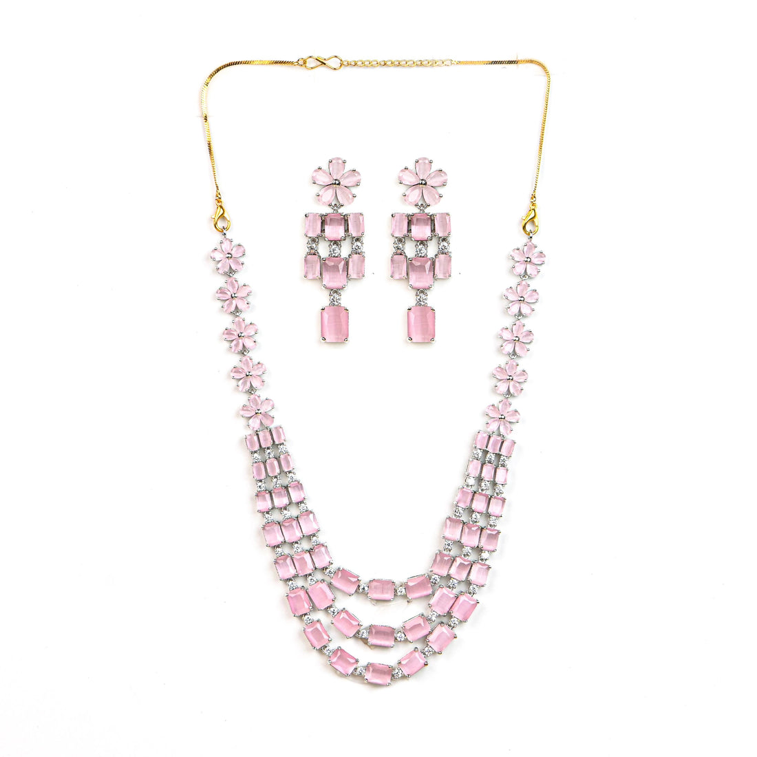 18K White Gold Plated Morganite Pink Gemstone Necklace Set |Octagon Cut Stones |Floral Layered Necklace & Earring Set | Wedding Gift For Her — 4