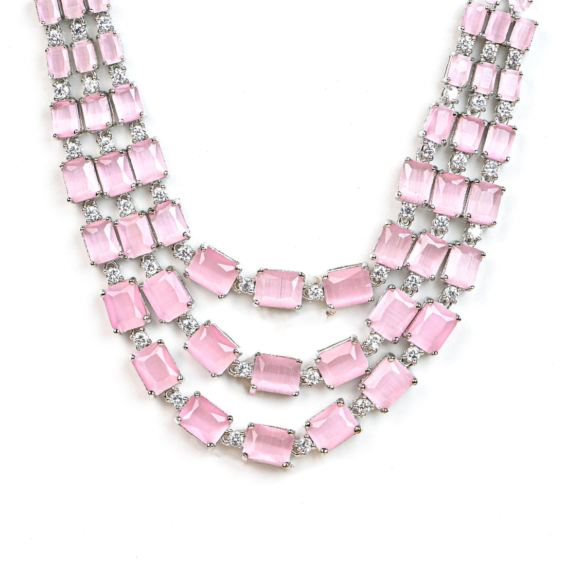18K White Gold Plated Morganite Pink Gemstone Necklace Set |Octagon Cut Stones |Floral Layered Necklace & Earring Set | Wedding Gift For Her — 3