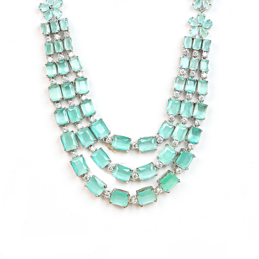 18K White Gold Plated Aquamarine Necklace Set | Mint Green Simulated Gemstone Jewelry | Floral Layered Necklace & Earrings Set for Women — 3