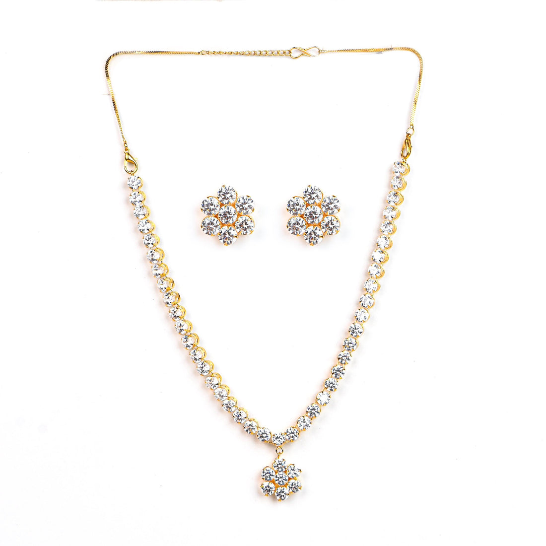 White CZ Diamond Necklace Set | Gold Plated Bridal Jewelry | Gift For Wife | Floral Necklace with Stud Earrings | Wedding Set — 3