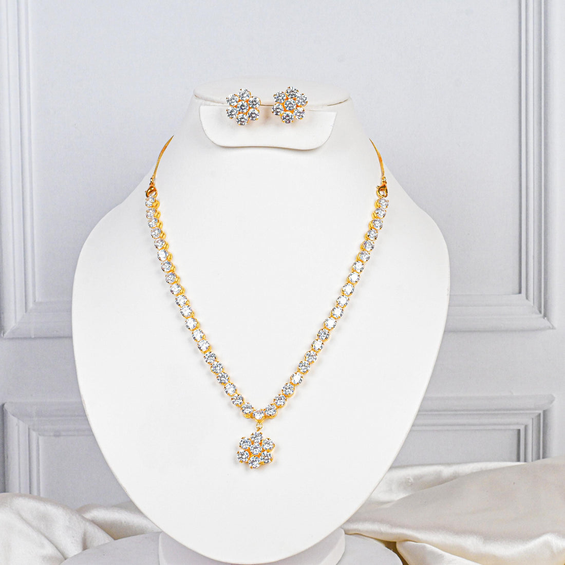 White CZ Diamond Necklace Set | Gold Plated Bridal Jewelry | Gift For Wife | Floral Necklace with Stud Earrings | Wedding Set — 1