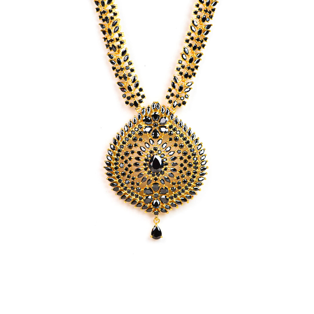 22K Gold Plated Black Onyx Long Necklace Set | South Indian Traditional Jewelry | Bridal Necklace | Gift For Her | Wedding Necklace — 3