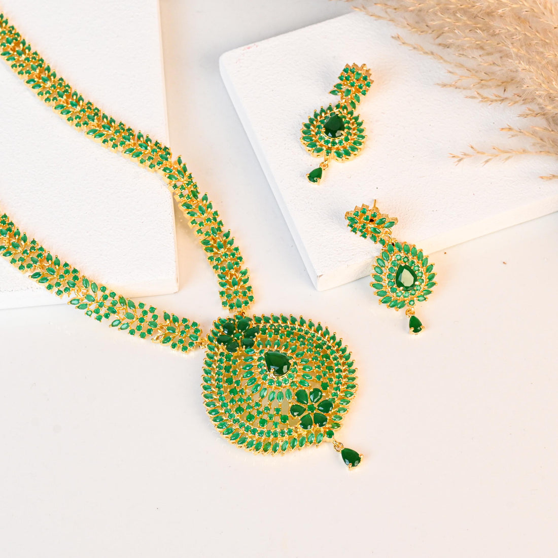 Emerald Green Long Necklace Set | Gold Plated Indian Jewelry | Statement Necklace with Earrings | Bridal Temple Jewelry — 2