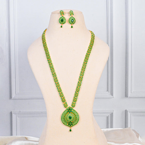 Emerald Green Long Necklace Set | Gold Plated Indian Jewelry | Statement Necklace with Earrings | Bridal Temple Jewelry