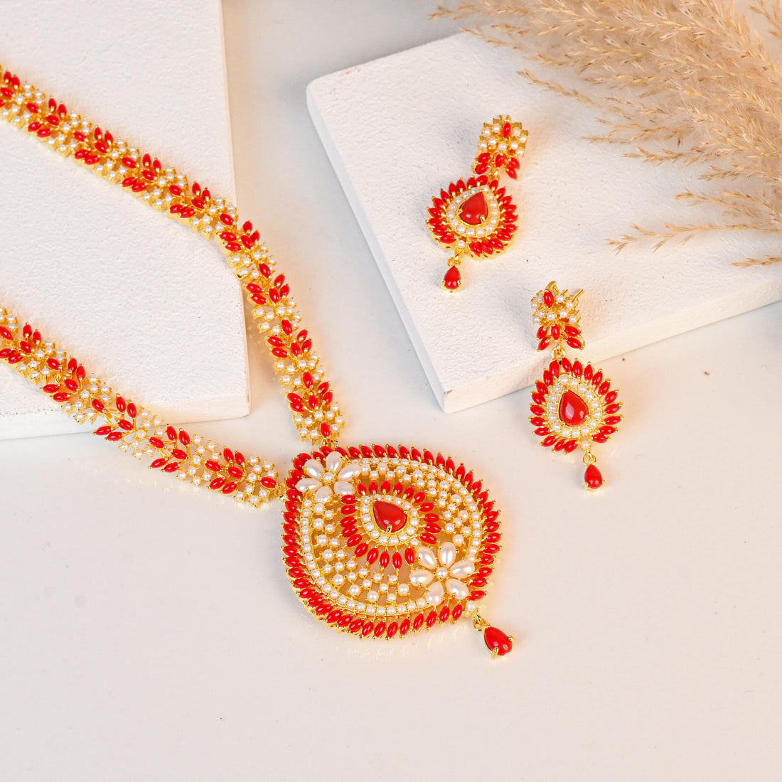 Coral and Pearl Long Necklace Set | Gold Plated Indian Jewelry | Wedding Jewelry Set | Traditional Bridal Jewelry Gift — 2