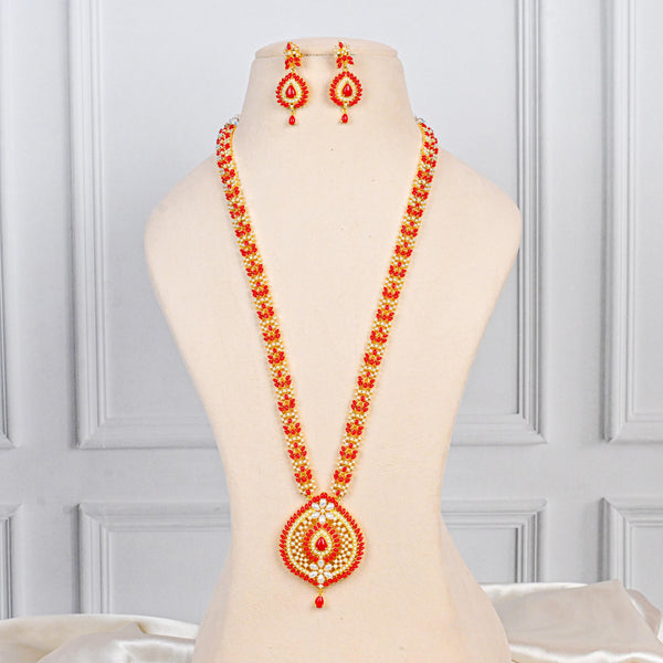 Coral and Pearl Long Necklace Set | Gold Plated Indian Jewelry | Wedding Jewelry Set | Traditional Bridal Jewelry Gift