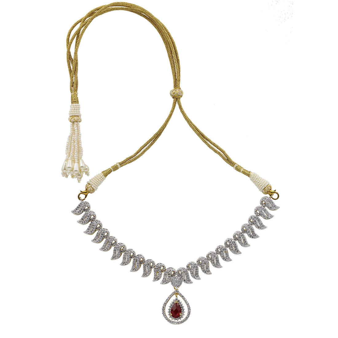 Ruby CZ Diamond Necklace Set | Gold Plated Bridal Jewelry Set | Red Stone Choker with Earrings | Indian Wedding Jewelry — 2