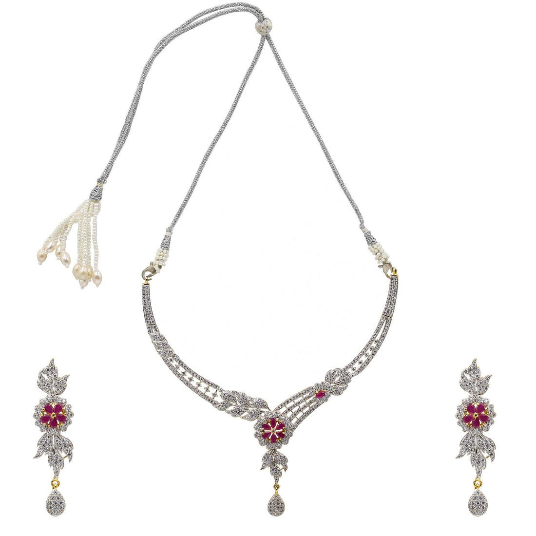 Ruby Flower CZ Necklace Set | Silver Plated Bridal Wedding Jewelry | Real Diamond Statement Necklace with Earrings | Gift For Her — 2