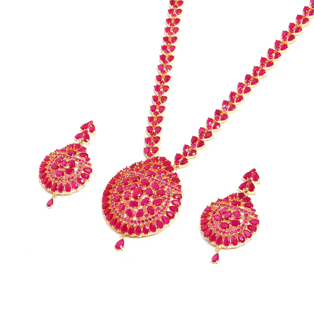 22k Gold Plated Ruby Long Haram Necklace Set | South Indian Bridal Jewelry | Ethnic Wedding Statement Necklace Earrings | Gift For Her — 4