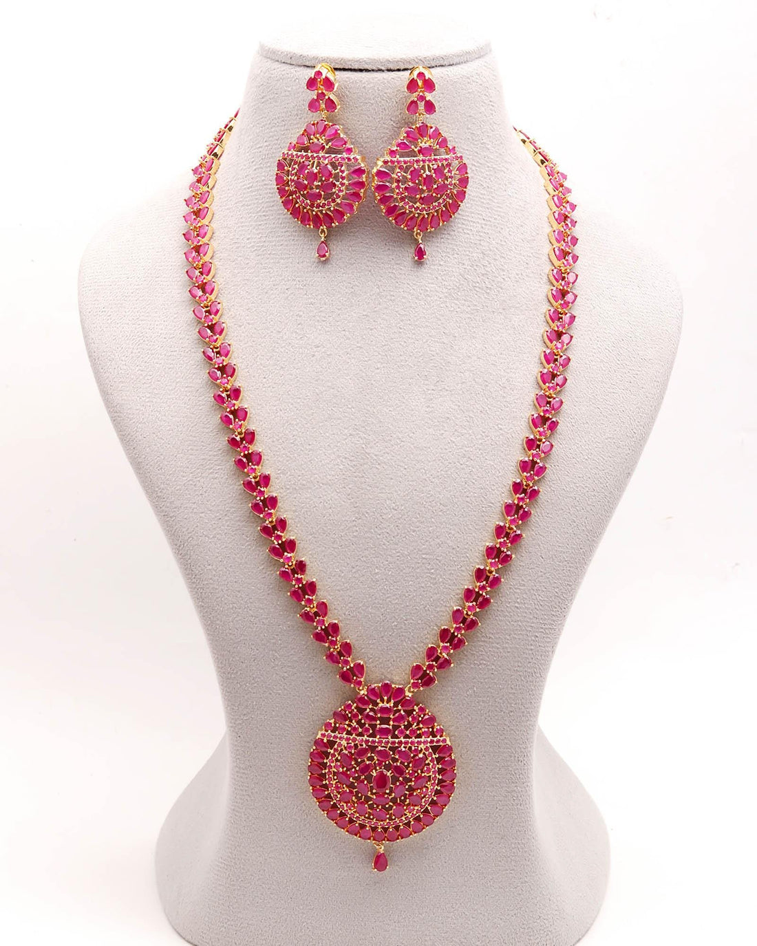 22k Gold Plated Ruby Long Haram Necklace Set | South Indian Bridal Jewelry | Ethnic Wedding Statement Necklace Earrings | Gift For Her — 2