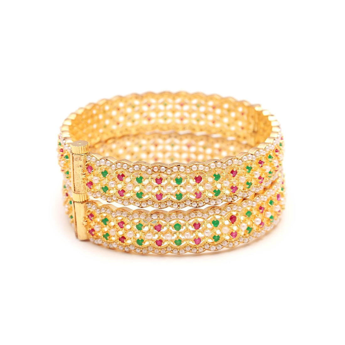 Gold Plated Ruby Pearl Bangles | Indian Traditional Openable bracelet, Wedding Bride Jewelry Bangles, Festival Gifts — 3
