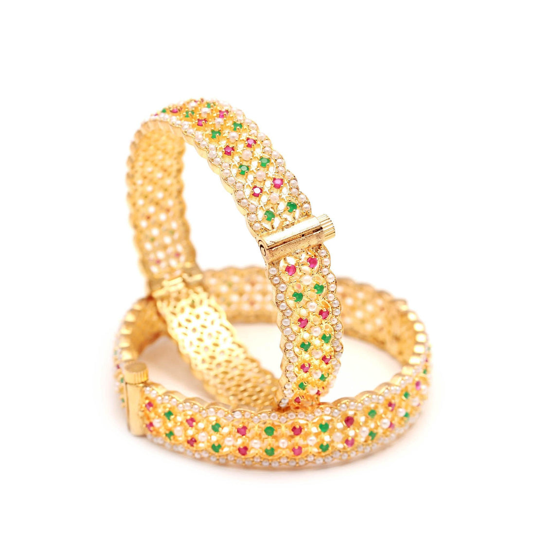 Gold Plated Ruby Pearl Bangles | Indian Traditional Openable bracelet, Wedding Bride Jewelry Bangles, Festival Gifts — 2