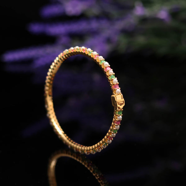 Gold Plated Ruby, Emerald, White Freshwater Pearl Tennis Bracelet: Openable Multi Gemstones Bangle Bracelet handcrafted Jewelry
