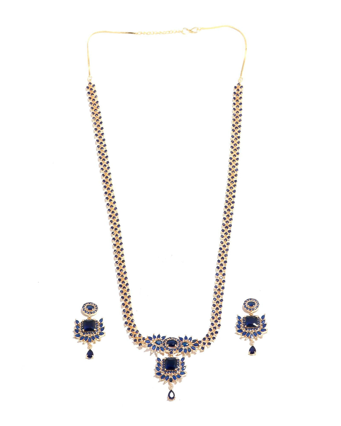 22k Gold Plated Long Blue Sapphire Necklace Set | South Indian Haram Bollywood Jewelry | Bride Blue South Indian necklace — 3