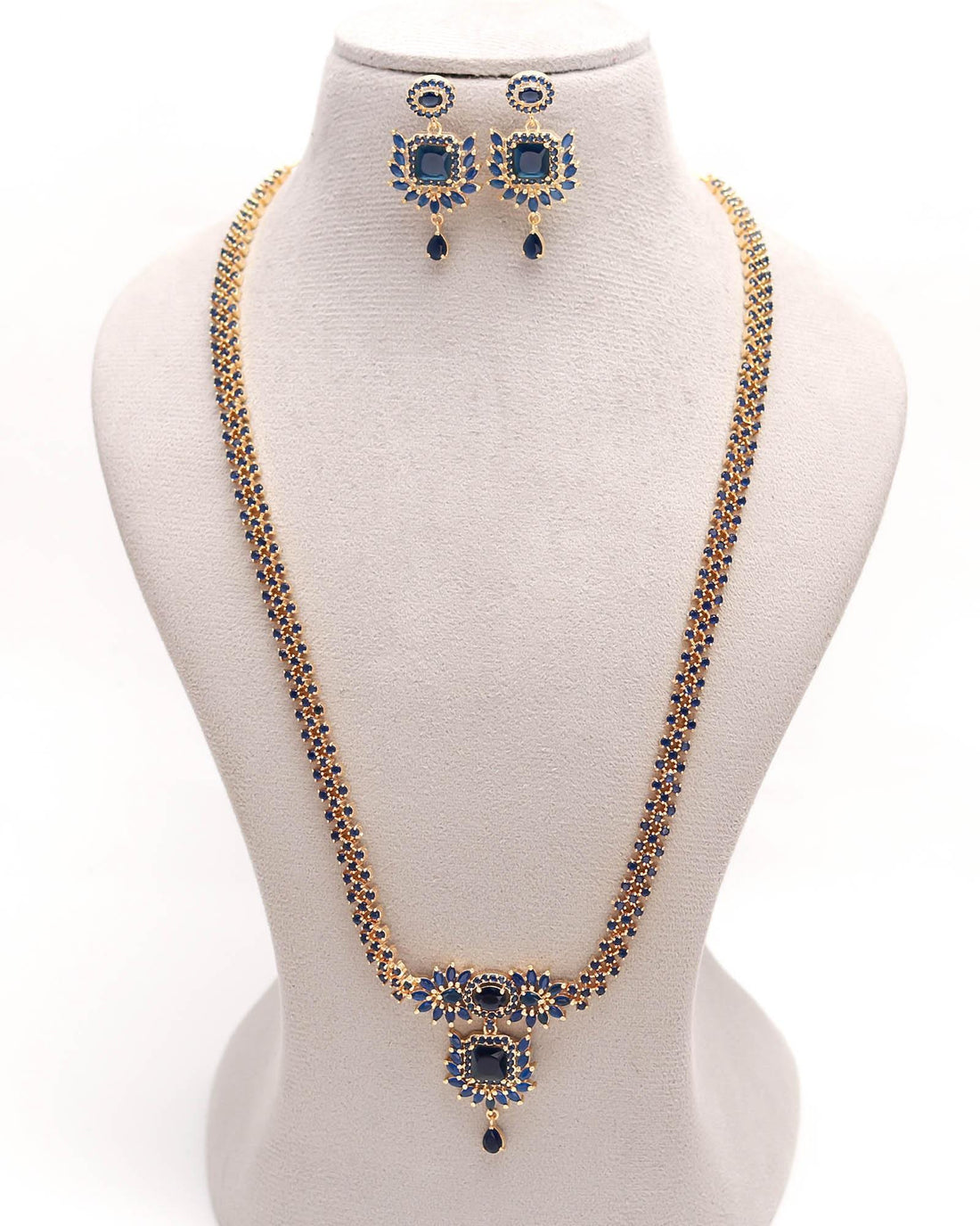 22k Gold Plated Long Blue Sapphire Necklace Set | South Indian Haram Bollywood Jewelry | Bride Blue South Indian necklace — 4