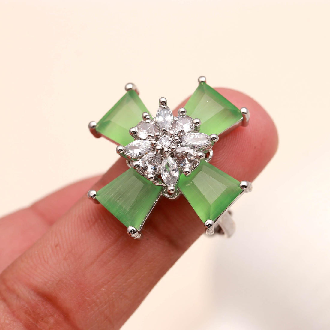 14k White Gold Plated Cross Ring: Simulated Emerald, Ruby, Peridot — 8