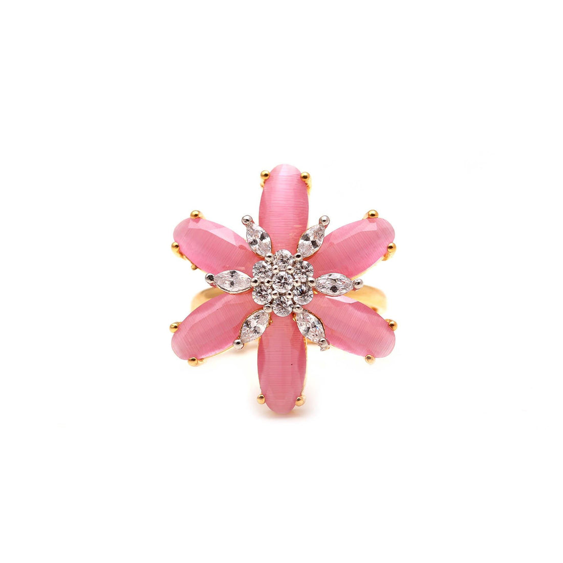 Pink Floral Ring | Gold Plated Adjustable Ring | Crystal Center | Engagement Ring | Wedding Ring | Bridal Ring | Traditional Jewelry — 2