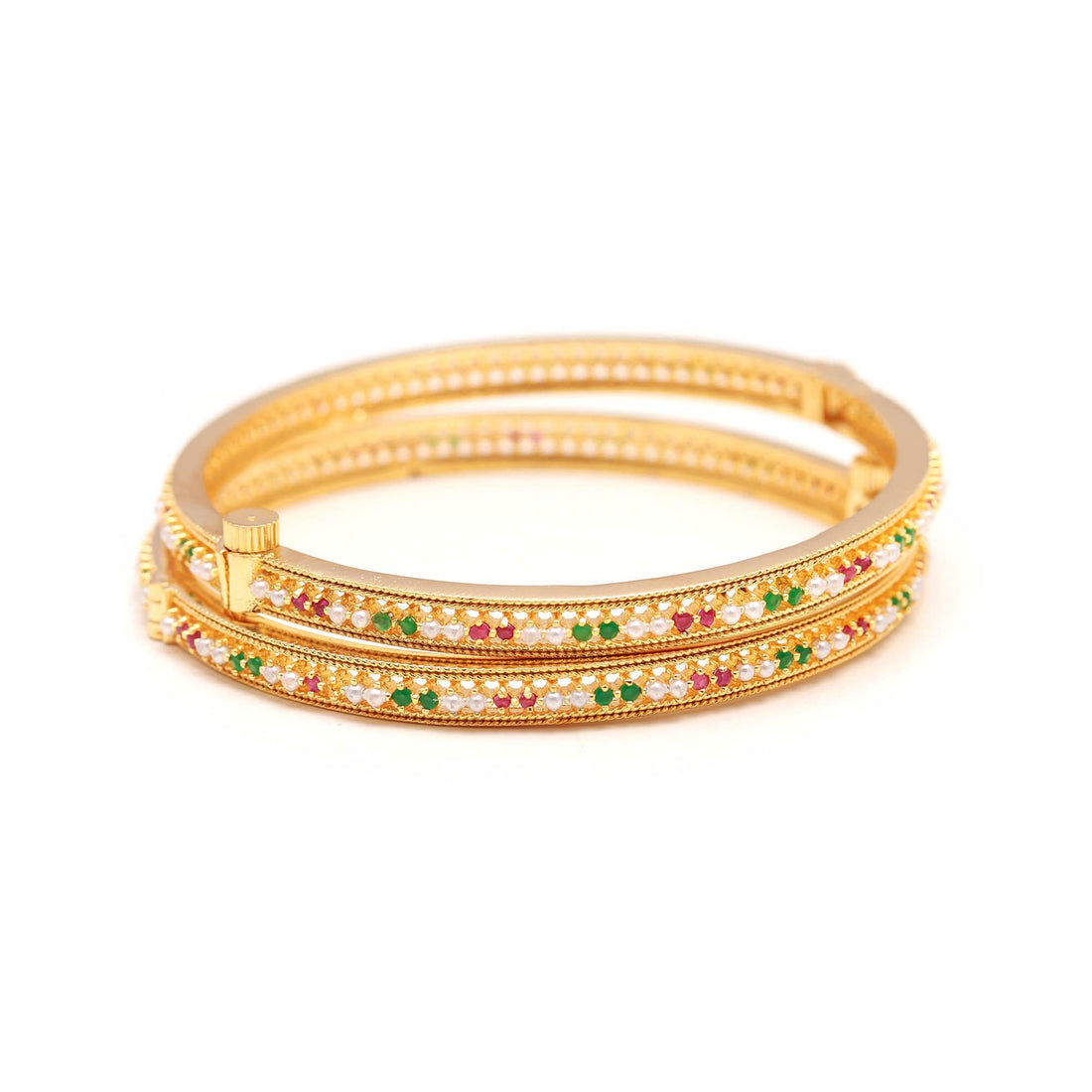 Handmade Ruby, Emerald Pearl Bangles Set | Gold Plated Indian Jewelry | Elegant Multi Gemstone | Traditional Ethnic Bridal Bangle — 4