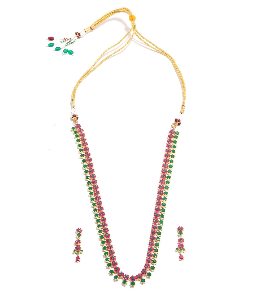 Gold Plated Long Indian Necklace Set |Stone Floral Jewelry | Traditional Ethnic Necklace & Earrings | Bridal - Festive Jewelry |Gift For Her — 4