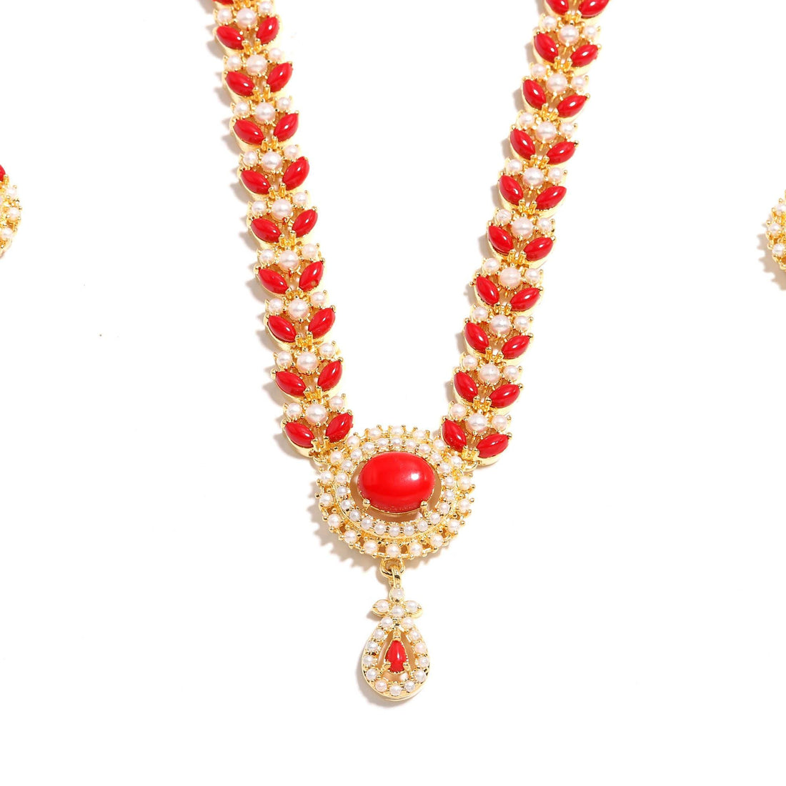 22K Gold Plated Coral Long Necklace Set | Traditional Indian Jewelry | Red Beaded Bridal Haar |Wedding Necklace with Earrings |Gift For Her — 4