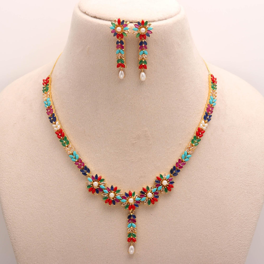 Gold Plated Multicolor Indian Necklace Set | Ruby Emerald Pearl Floral Jewelry | Traditional Bridal Jewelry Set |Festive Ethnic Necklace Set — 2