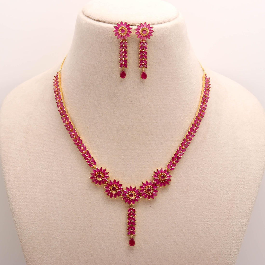 Long Premium Ruby Red Floral Necklace Set | Gold Plated Jewelry | Chic Bride Dress Necklace set| Y Statement Necklace — 4