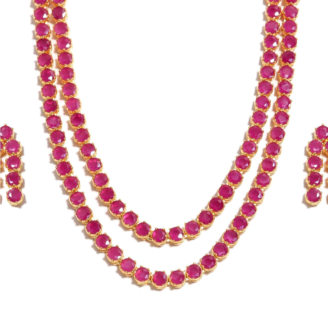 22K Gold Plated Ruby Necklace Set | Double Layer Red Stone Necklace | Indian Bridal Jewelry | Wedding Jewelry Set with Drops |Ethnic Jewelry — 4
