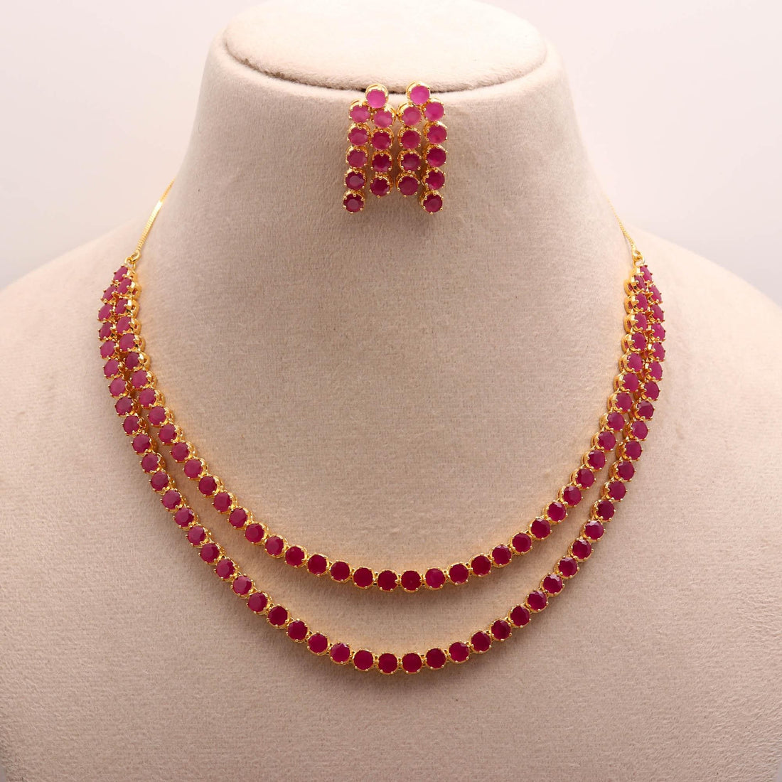 22K Gold Plated Ruby Necklace Set | Double Layer Red Stone Necklace | Indian Bridal Jewelry | Wedding Jewelry Set with Drops |Ethnic Jewelry — 1