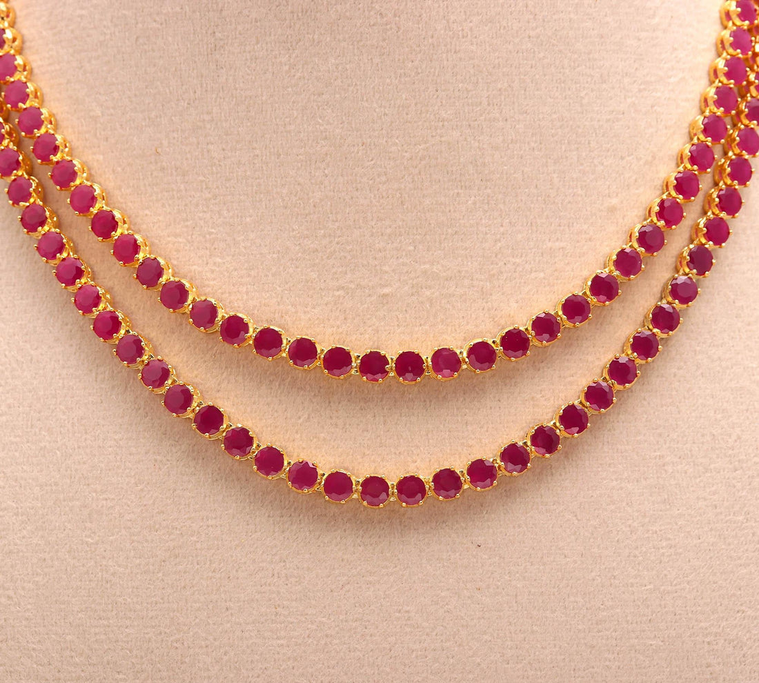 22K Gold Plated Ruby Necklace Set | Double Layer Red Stone Necklace | Indian Bridal Jewelry | Wedding Jewelry Set with Drops |Ethnic Jewelry — 5