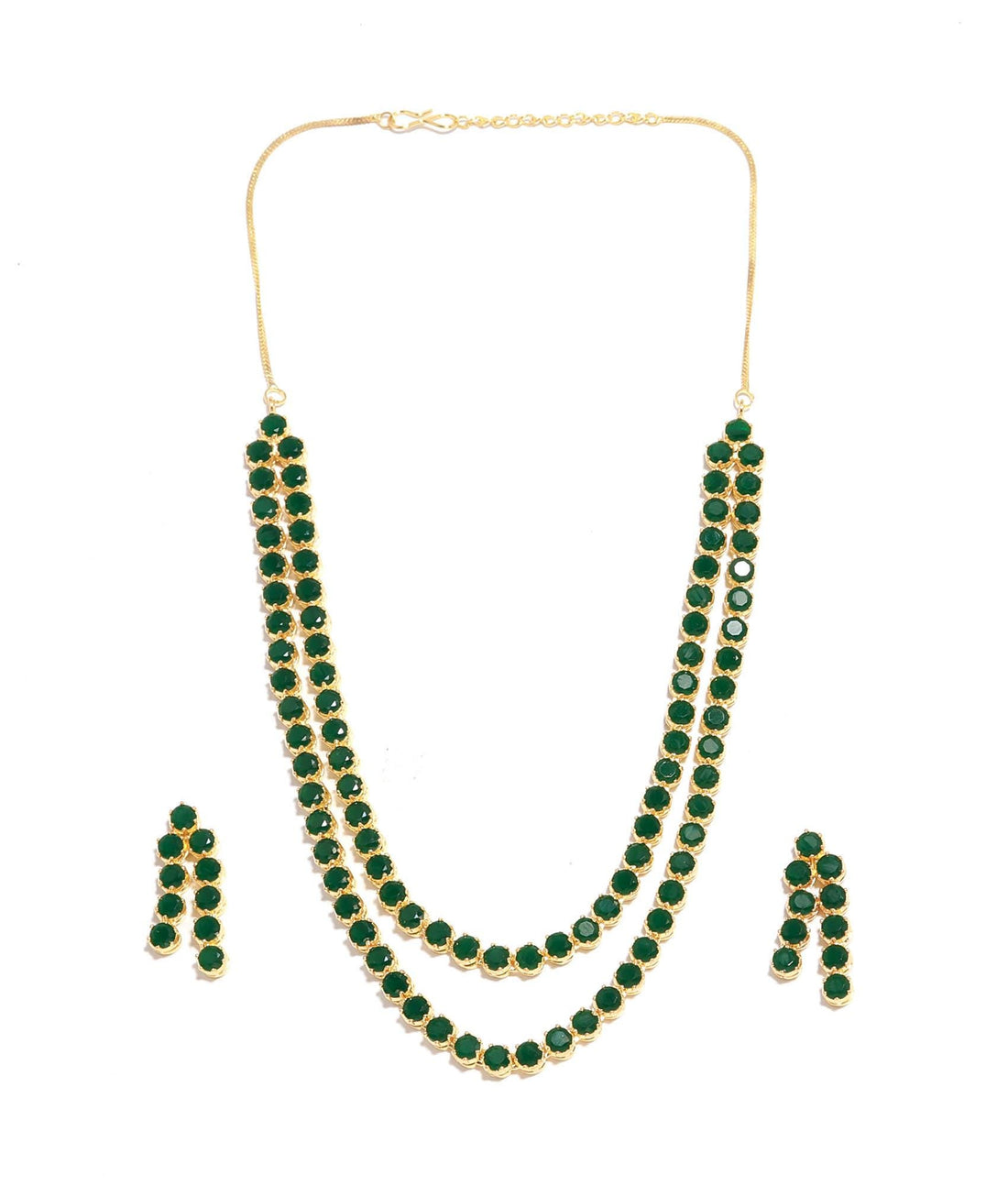 Emerald Layered Tennis Necklace Set | 22K Gold Plated Green Stone Jewelry | Long Necklace with Earrings | Indian Bridal & Festive Jewelry — 4