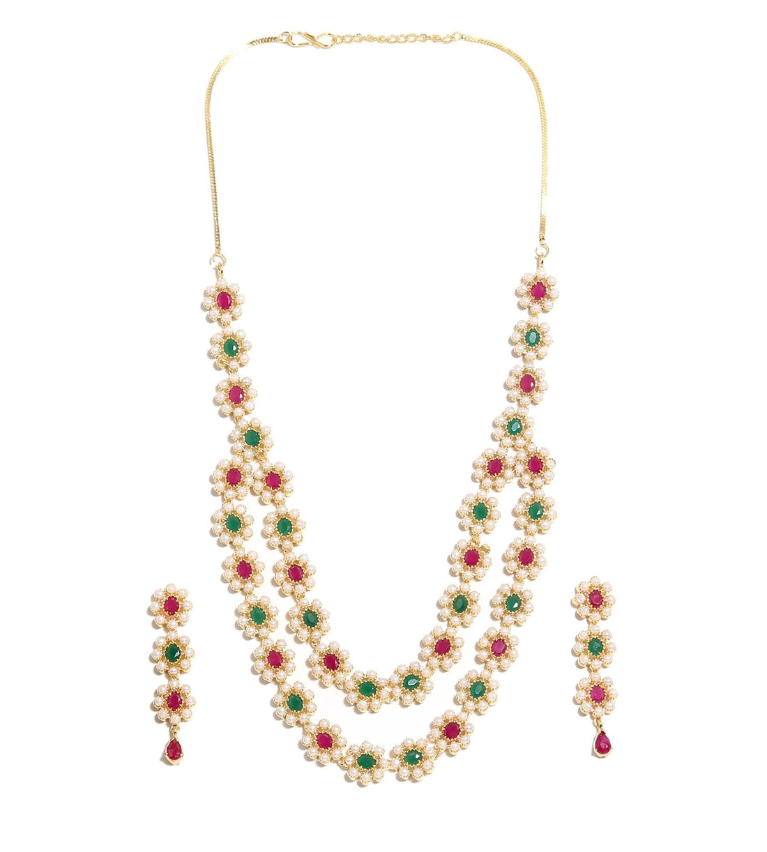 22K Gold-Plated Multi gem Indian Layered Necklace Set with Ruby, Emerald & Pearl | Traditional South Indian Layered Necklace Set — 3