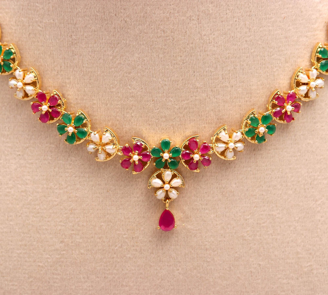 22K Gold Plated Multi Necklace Set | Emerald Ruby Pearl Floral Bridal Wedding Jewelry | Statement Necklace & Earrings | Gift for Women — 6